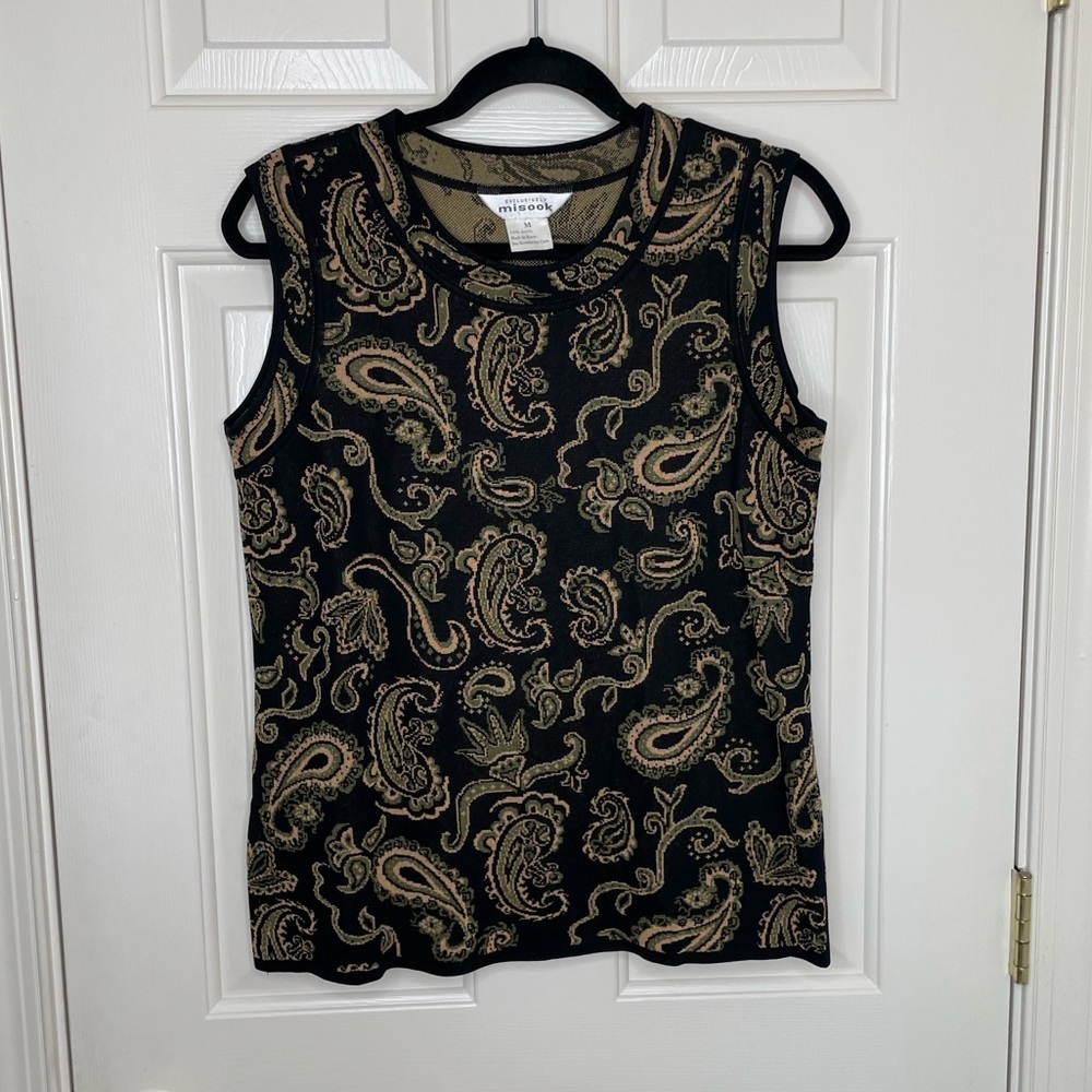Exclusively Misook Black Sleeveless Paisley Knit Top – Size M